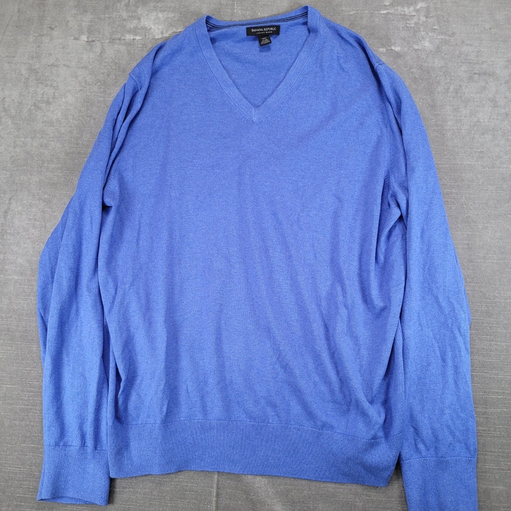 Banana Republic Luxury‎ Blend V Neck Sweater Mens XL Blue Silk Cotton Cashmere